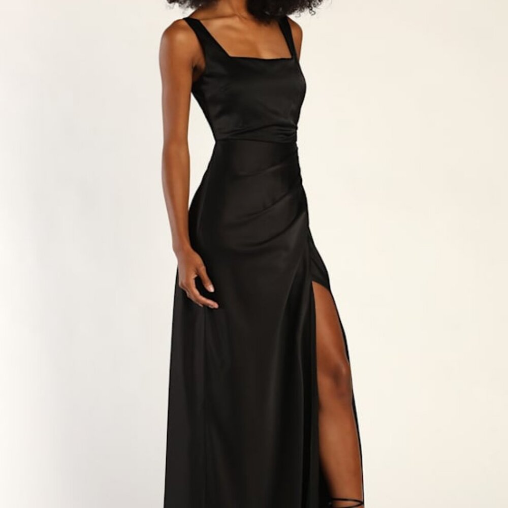 Lulus Red Carpet Romance Black Satin Square Neck Maxi Dress - Size 1X